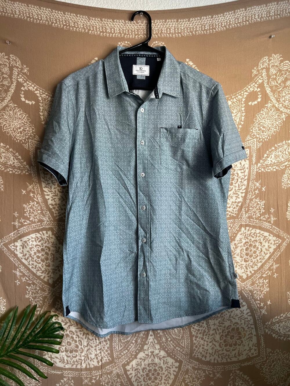 7Diamonds Teal Micro-Print Short Sleeve Button-Up Shirt Men's M